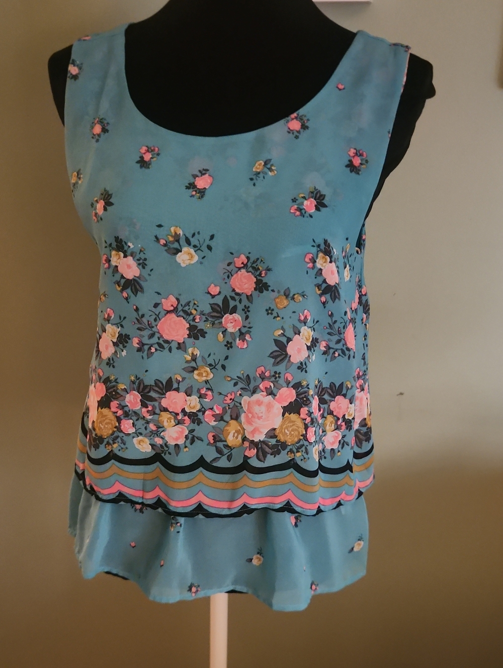 Floral Scoop Neck Tank Top in Teal with Pink Accents